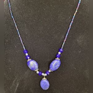 Genuine Lapis Lazuli Beaded Blue Statement Three Gemstone Artisan Necklace